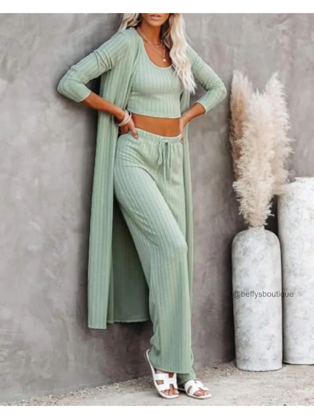 3 Piece Lounge Pajama Set Vest Top Wide Leg Pants Long Cardigan Travel Matching
